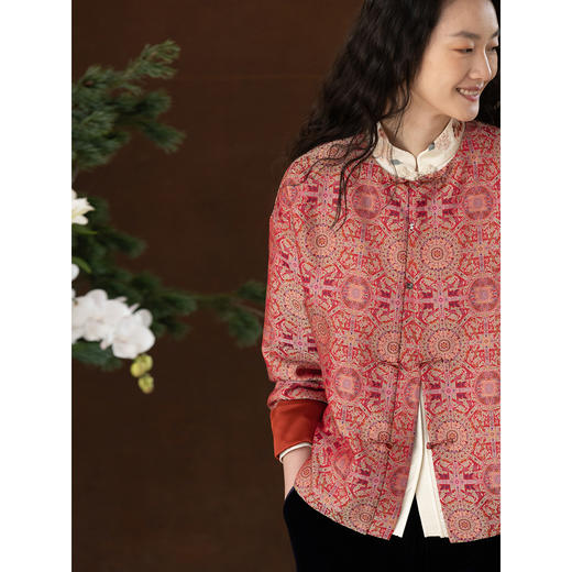 牧衣游原创 48姆米重磅织锦八达晕桑蚕丝外套红色复古东方 墨香 商品图3