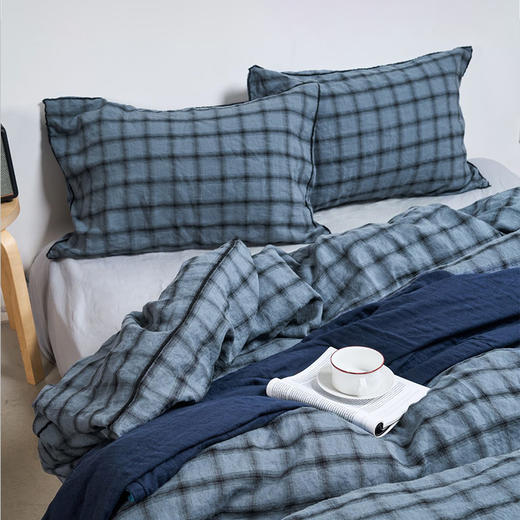 伽罗 JALO 14支复古黑蓝格纹色织亚麻系列床品 商品图1