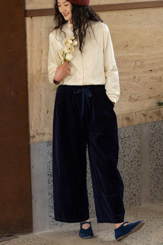 牧衣游原创 32支纯棉休闲长裤新款宽松复古文艺百搭阔腿裤 沃蓝 商品图5