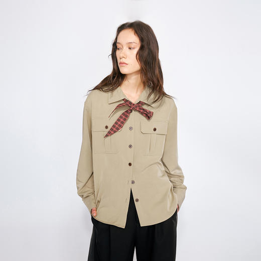 NUTH复古可拆卸格纹领结工装衬衫女 卡其色 商品图4