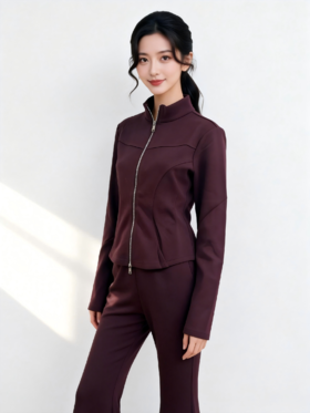 SC1AL01_紫檀色_外套_春季_立领拉链收腰修身长袖休闲_高级女装_BERNIEELEN 伯妮斯茵