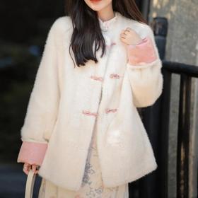 （3-7天发货）新年战服【ORIGNAL&CO 新中式藕粉色提花拼接欧貂绒皮草外套】