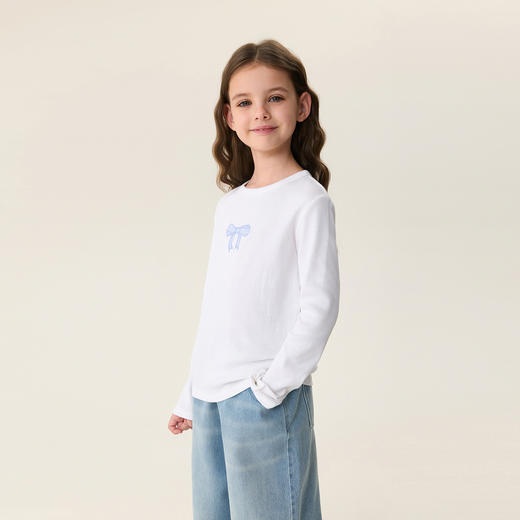 马克珍妮清甜蝴蝶结女童软弹针织T恤2026年春装新款560183 商品图2