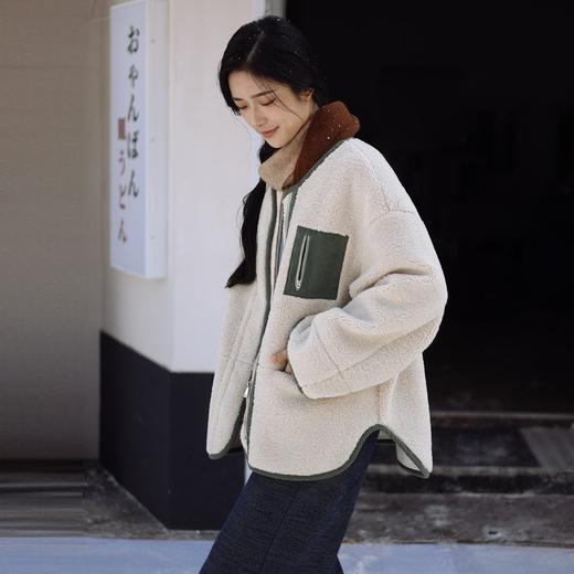 绽放981朵/杏仁色宽松复古文艺无领灯芯绒撞色包边拼接外套 商品图1