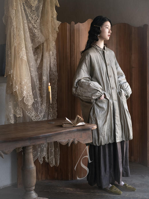 Phaedo 古榄绿野蚕丝立领廓形羊毛外套 商品图1