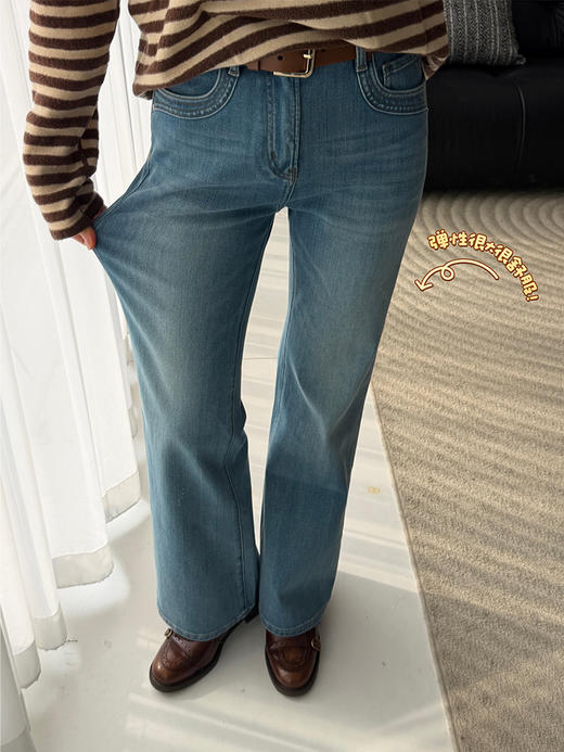 定制莱卡四面弹 气质显瘦高腰微喇牛仔裤 商品图6