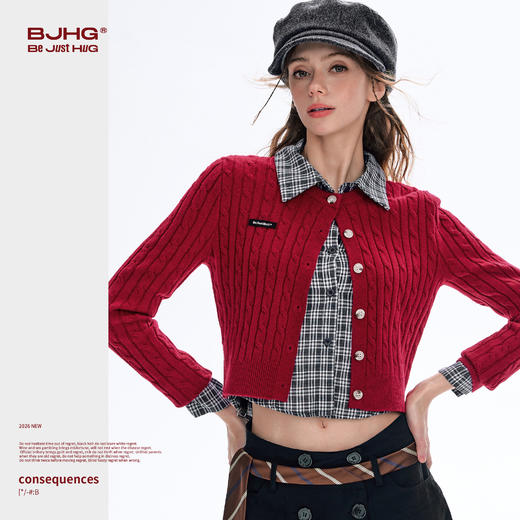 BJHG不计后果圆领针织开衫女春季修身设计感复古绞花短款毛衣外套 商品图2