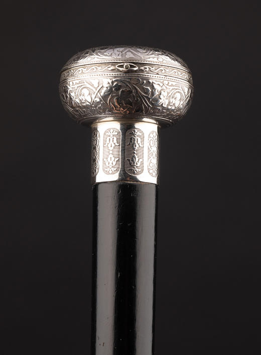 独角鹿西洋古董1880年代瑞士出品花卉卷叶主题纯银精雕外壳机芯装置怀表杖柄装饰乌木色硬木杖身牛角杖脚古董手杖 商品图5