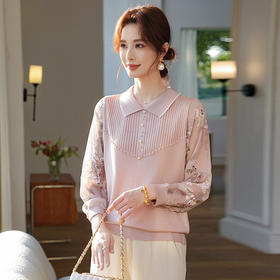 【妈妈春装新款】气质翻领纱袖针织衫 洋气春夏季T恤打底上衣 中老年女装 