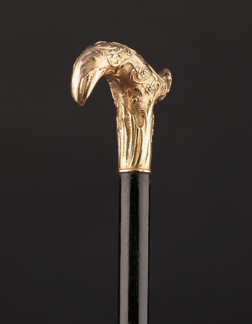 独角鹿西洋古董1900年代法国出品古典花叶主题18K黄金精雕杖柄装饰乌木色硬木杖身古董手杖 商品图3