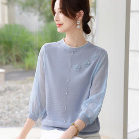 【妈妈纱袖洋气小衫】薄款春装上衣 中老年时尚女装外穿打底针织雪纺衫 