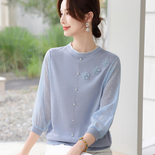 【妈妈纱袖洋气小衫】薄款春装上衣 中老年时尚女装外穿打底针织雪纺衫  商品图0