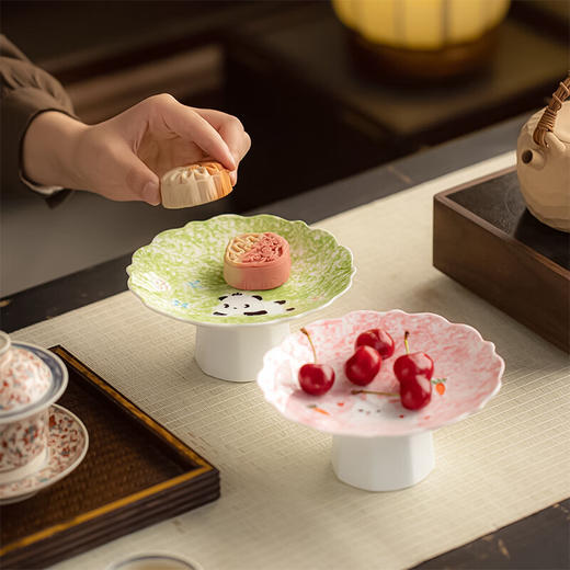 【釉画彩高脚盘】陶瓷中式复古高脚点心盘家用零食糖果干果盘高颜值茶点水果托盘 商品图1