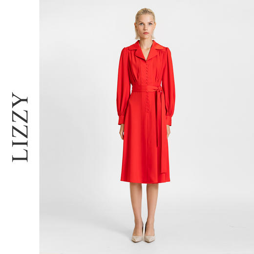 LIZZY 早秋 时尚气质醋酸西装领收腰大摆连衣裙7677 商品图0