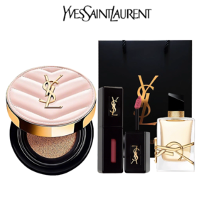 【送礼袋】YSL圣罗兰气垫香水唇釉三件套组 （粉皮革气垫12g+黑管唇釉2.8ml+自由之水7.5ml）  有效期2027-1 免税版 香港直邮美妆
