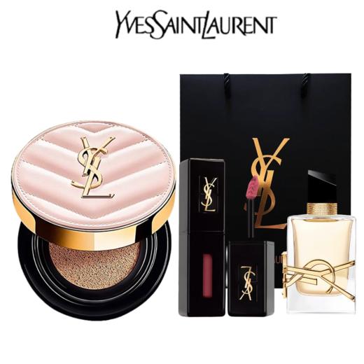 【送礼袋】YSL圣罗兰气垫香水唇釉三件套组 （粉皮革气垫12g+黑管唇釉2.8ml+自由之水7.5ml）  有效期2027-1 免税版 香港直邮美妆 商品图0