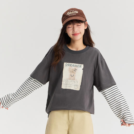 笛莎Deesha  2026年春季新品青少年初高中圆领长袖上衣假两件印花条纹T恤女 商品图3