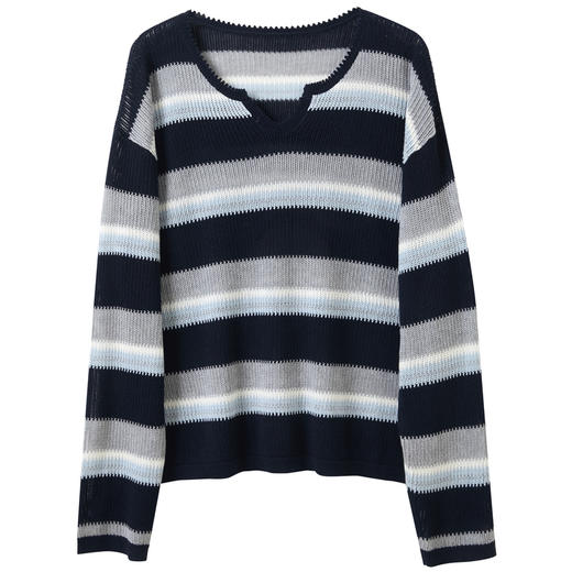 三彩2026春季新款宽松落肩袖撞色条纹镂空针织衫套头毛衫罩衫M 商品图4