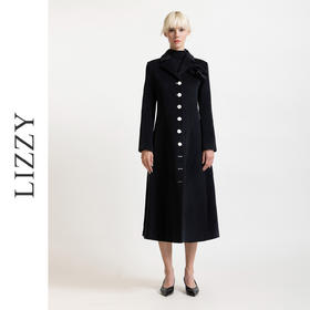 LIZZY 秋冬欧式手工盘花胸针侧开叉撞色扣绵羊毛长款大衣外套6364