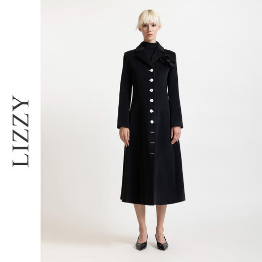 LIZZY 秋冬欧式手工盘花胸针侧开叉撞色扣绵羊毛长款大衣外套6364 商品图0