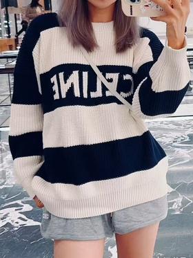 .清仓CELINE/赛琳 24秋冬新款明星同款字母提花条纹圆领毛衣、男女同款！！！条纹毛衣