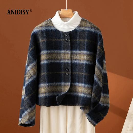 复古撞色圆领长袖单排扣格纹毛呢外套 商品图1