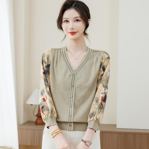 【妈妈春装印花长袖小衫】中老年洋气质针织纱袖 打底衫时尚遮肚新款  商品图2