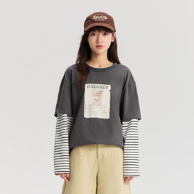 笛莎Deesha  2026年春季新品青少年初高中圆领长袖上衣假两件印花条纹T恤女