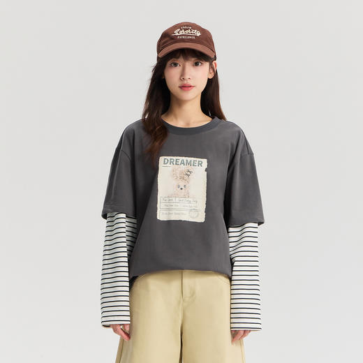 笛莎Deesha  2026年春季新品青少年初高中圆领长袖上衣假两件印花条纹T恤女 商品图0