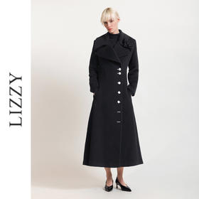 LIZZY 秋冬欧式复古手工盘花大翻领配可脱卸胸针绵羊毛长款大衣外套6372