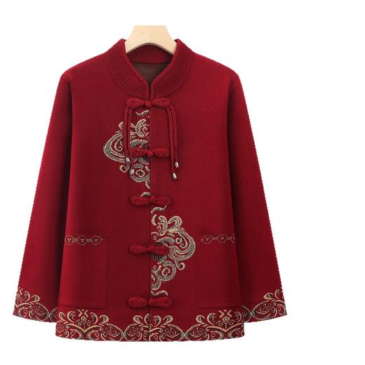 【奶奶春装外套】老年人衣服 妈妈婚宴礼服 老人秋冬衣服红色开衫毛衣  商品图2