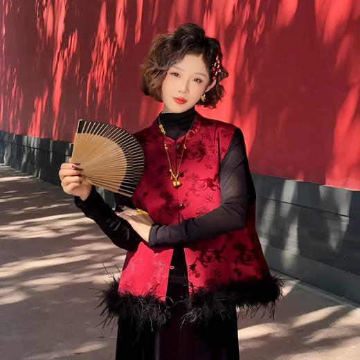 网红爆款新中式国风毛毛马夹夹棉叠穿无袖外套CS 商品图0