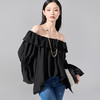 剩S/L/XL 芳外 时尚设计感纯色T恤一字露肩泡泡袖弹力上衣0109 商品缩略图0