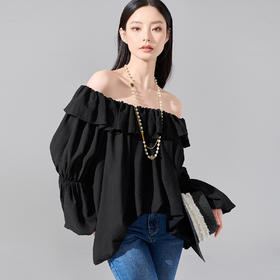 剩S/L/XL 芳外 时尚设计感纯色T恤一字露肩泡泡袖弹力上衣0109