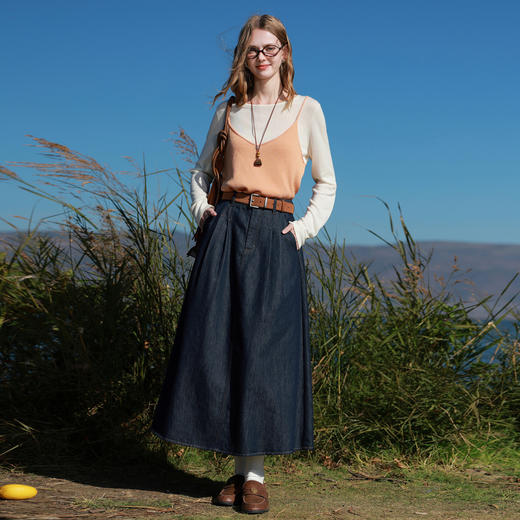 三彩2026春季新款简约复古牛仔裙半身裙高腰A字裙长裙显瘦时尚M 商品图1