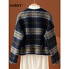 复古撞色圆领长袖单排扣格纹毛呢外套 商品缩略图3