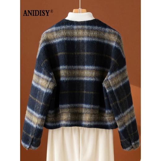 复古撞色圆领长袖单排扣格纹毛呢外套 商品图3