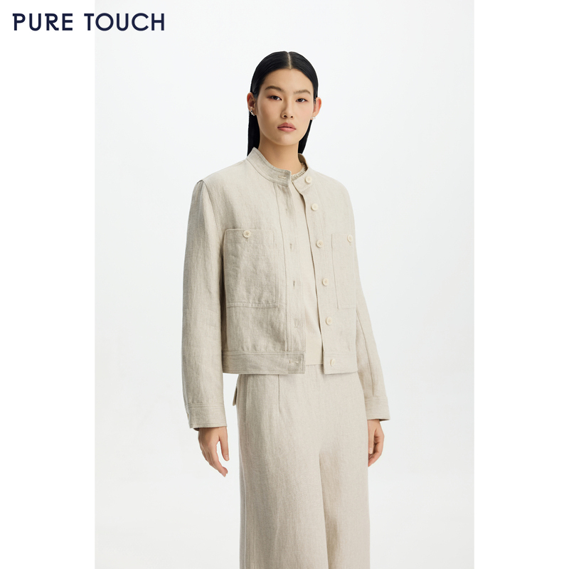 商场同款PURE TOUCH女装26春夏亚麻短外套立领工装夹克直筒上衣