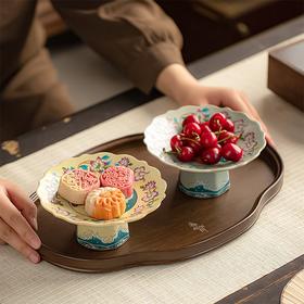 【汝窑高脚盘-盛世锦鲤】陶瓷高脚水果盘中式高足茶点盘家用点心碟子供佛盘干果盘订婚摆台