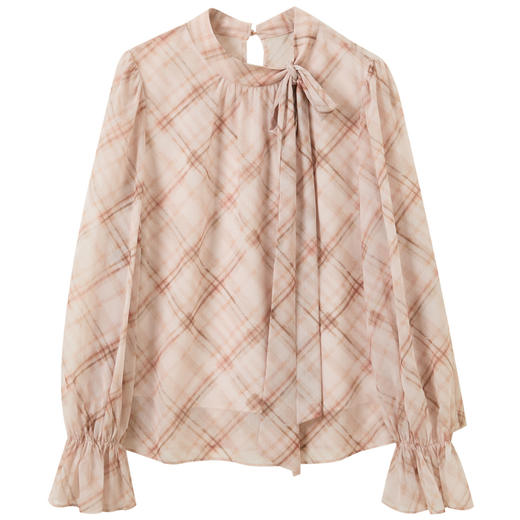 三彩2026春季新款喇叭袖飘带立领格纹小衫复古衬衣气质上衣宽松M 商品图4