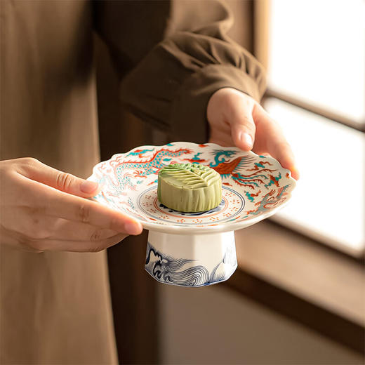 【斗彩高脚盘】中式复古风陶瓷茶点盘家用摆件零食干果盘入宅必备茶几摆台水果盘 商品图2