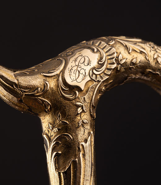 独角鹿西洋古董1900年代法国出品古典花叶主题18K黄金精雕杖柄装饰乌木色硬木杖身古董手杖 商品图7