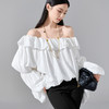 剩S/L/XL 芳外 时尚设计感纯色T恤一字露肩泡泡袖弹力上衣0109 商品缩略图2