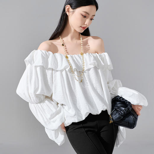 剩S/L/XL 芳外 时尚设计感纯色T恤一字露肩泡泡袖弹力上衣0109 商品图2