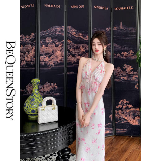 【大货捡漏，不退不换】  【苏梅岛夏日】时尚高定雪纺印花V领挂脖收腰连衣裙女 商品图2