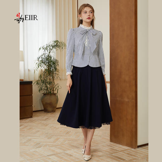 司歌条纹蕾丝长袖收腰气质蝴蝶结衬衫长袖春秋女T921253X 商品图1