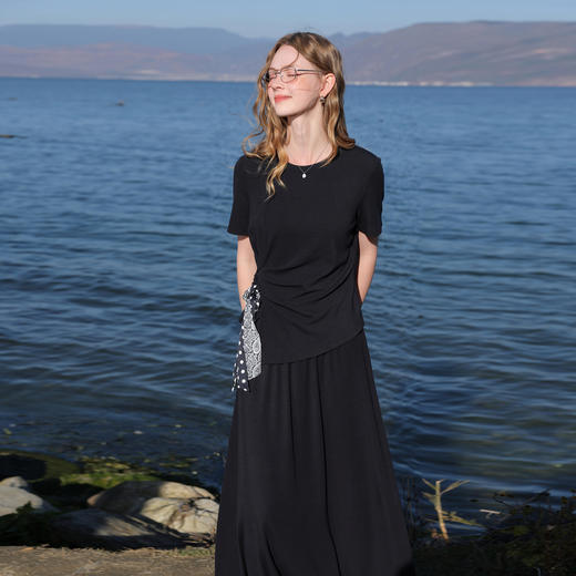 三彩2026春季新款慵懒T恤套装套头衫上衣半身裙长裙两件套M 商品图1