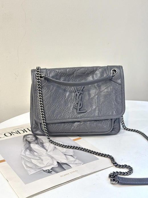YSL Niki 小号 灰色 D扣 油蜡牛皮 斜挎包 商品图0