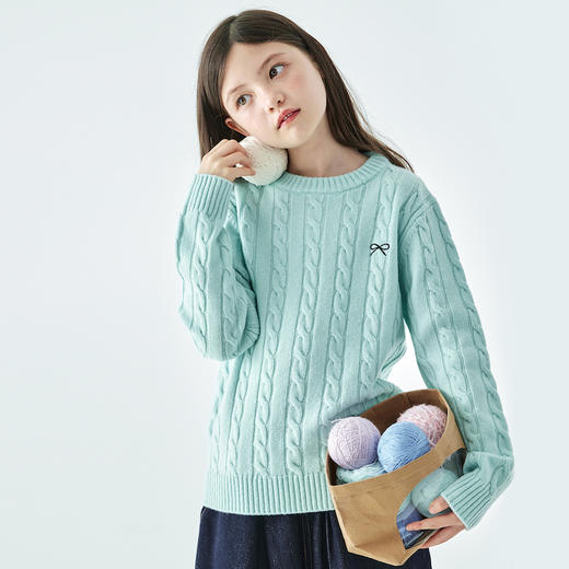 棵初25年冬季新款亲子中大女童蝴蝶结绞花毛衣温暖全羊毛纱线上衣 商品图2