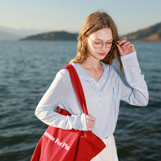 【莱赛尔】三彩2026春季新款慵懒休闲连帽T恤套头罩衫宽松长袖M 商品图3